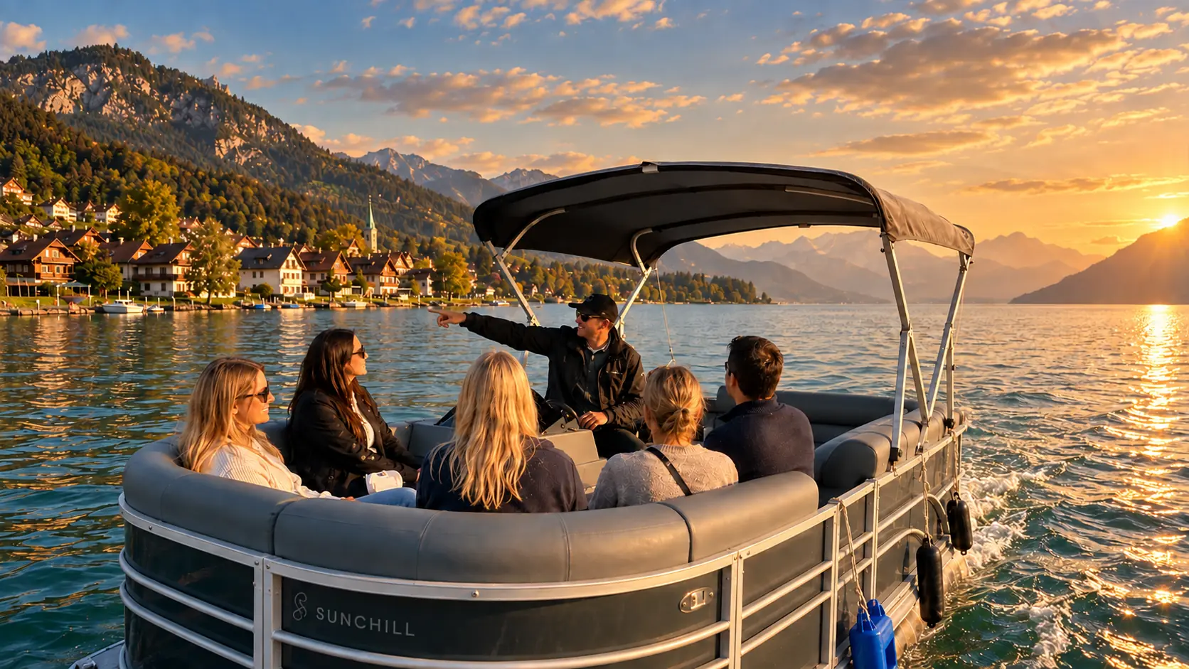 Pontoon boat at sunset on Lake Thun