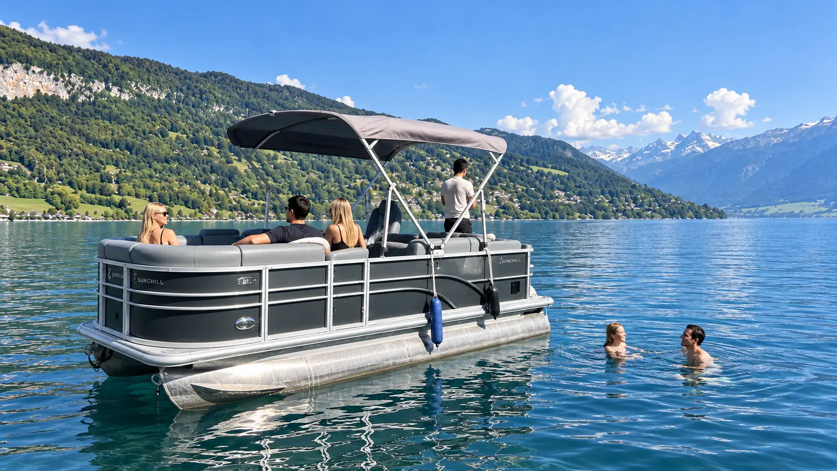 Guests swimming in crystal waters of Lake Thun