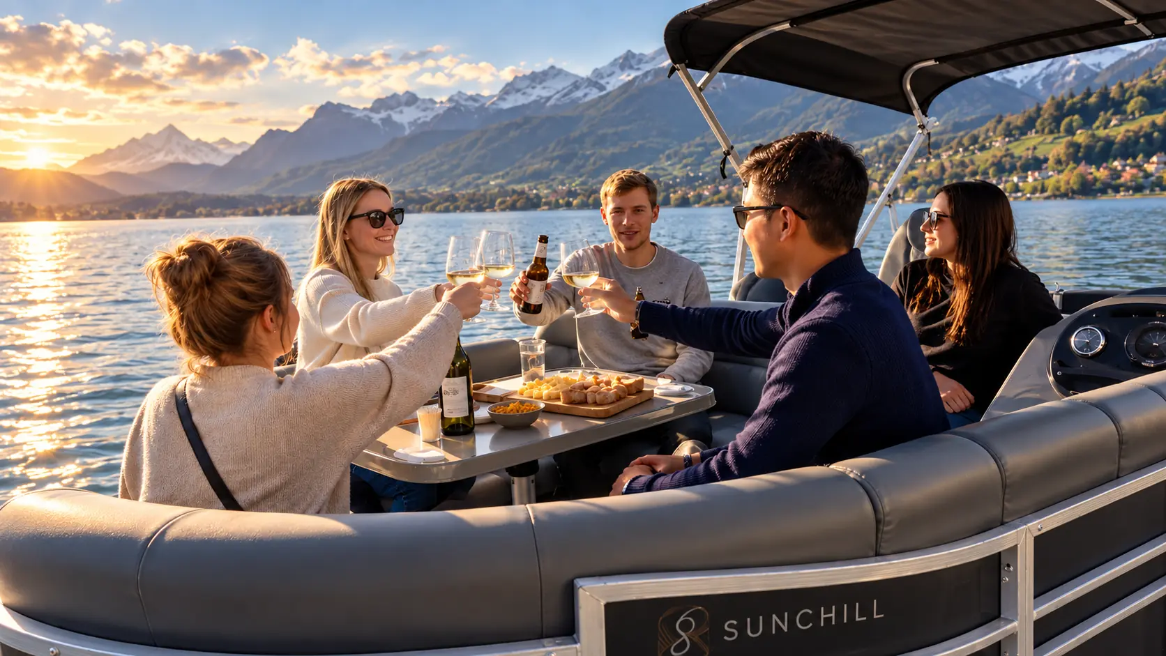Wine and cheese aperitif aboard pontoon boat